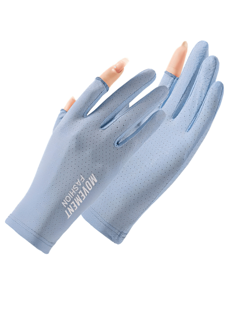 Blue anti-UV gloves with open two fingers for riding and driving, breathable and anti-slip, perfect for female cyclists.
